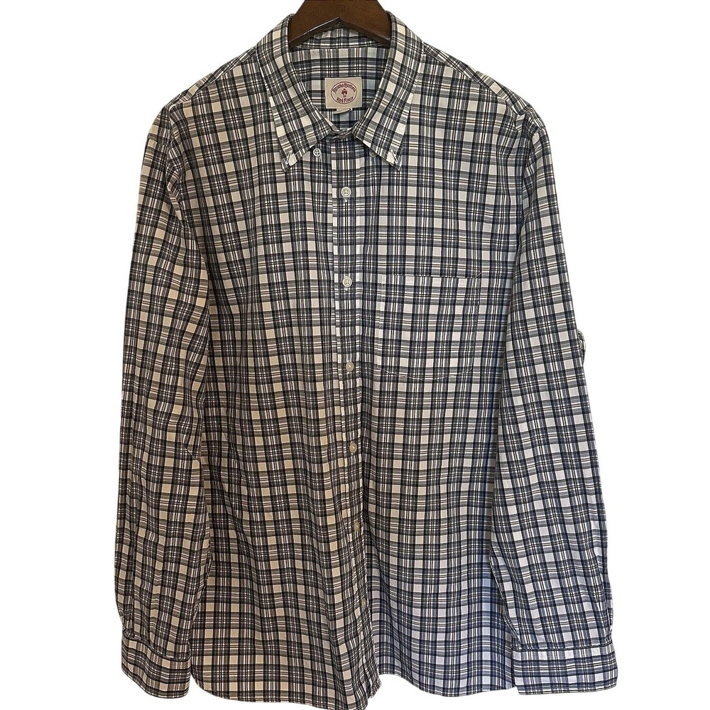 Brooks Brothers Mens XL Plaid Button Down Shirt Navy Blue White Cotton